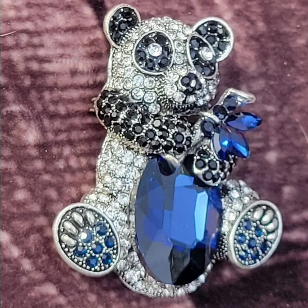 Crystal Blue Glass Panda Brooch